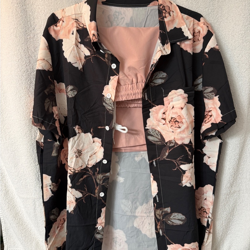 Floral Black and Pink Casual Button Down Shirt